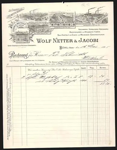 Rechnung Bühl 1895, Wolf Netter & Jacobi, Metallwaaren-Fabrik, Ansichten von fünf Betrieben