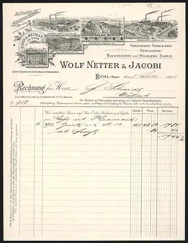 Rechnung Bühl 1894, Wolf Netter & Jacobi, Metallwaaren-Fabrik, Ansichten von fünf Fabrikanlagen