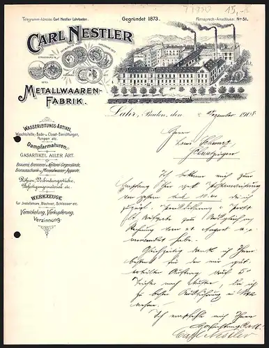Rechnung Lahr /Baden 1908, Carl Nestler, Metalwaaren-Fabrik, Betriebsansicht und Auszeichnungen