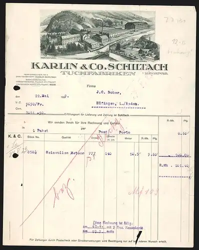 Rechnung Schiltach 1929, Karlin & Co., Tuchfabriken, Ansicht der Fabriken Hohenstein und Schlossmühle am Fluss