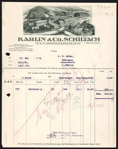 Rechnung Schiltach i. Schwarzwald 1929, Karlin & Co., Tuchfabriken, Die Werke Hohenstein und Schlossmühle