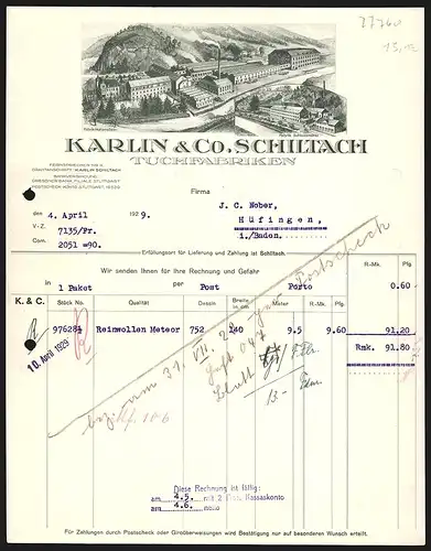 Rechnung Schiltach i. Schwarzwald 1929, Karlin & Co., Tuchfabriken, Die Werke Hohenstein und Schlossmühle am Fluss