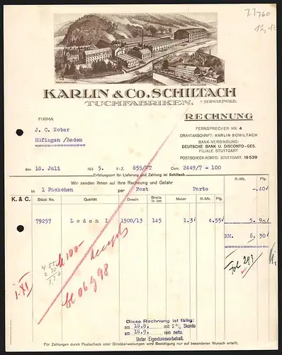 Rechnung Schiltach i. Schwarzwald 1935, Karlin & Co., Tuchfabriken, Die Werke Hohenstein und Schlossmühle