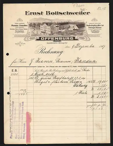 Rechnung Offenburg /Baden 1907, Ernst Bollschweiler, Pharmaz. Utensilien und Emaille Schilder, Ansicht des Betriebs