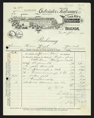 Rechnung Bruchsal 1911, Gebrüder Katzauer, Lack-, Kitt- & Farben-Fabrik, Blick aufs Betriebsgelände, Auszeichnung