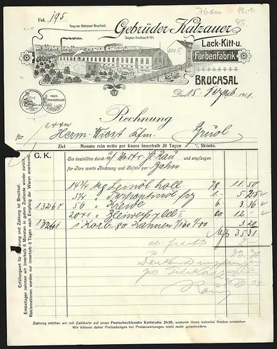 Rechnung Bruchsal 1911, Gebrüder Katzauer, Lack-, Kitt- & Farben-Fabrik, Blick aufs Betriebsgelände, Auszeichnung