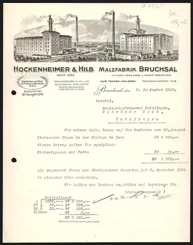 Rechnung Bruchsal 1928, Hockenheimer & Hilb, Malzfabrik, Fabrikgebäude mit Transportzug dazwischen