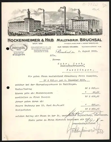 Rechnung Bruchsal 1928, Hockenheimer & Hilb, Malzfabrik, Fabrikgebäude mit Transportzug dazwischen