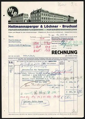 Rechnung Bruchsal 1946, Hettmannsperger & Löchner, Papierverarbeitungswerk, Modell der Geschäftsgebäude und Logo