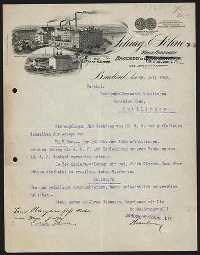 Rechnung Bruchsal 1925, Schrag & Söhne, Malz-Fabriken, Werke in Bruchsal und Strassburg, Auszeichnungen