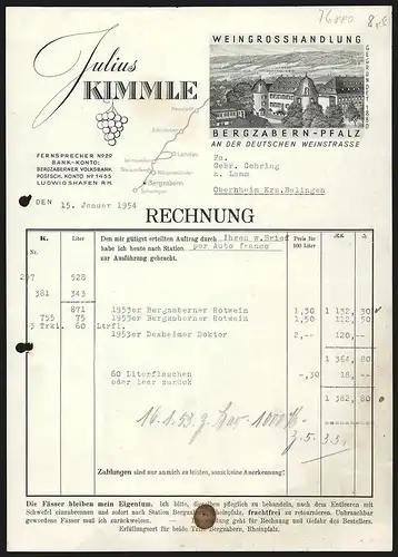 Rechnung Bergzabern /Pfalz 1954, Julius Kimmle, Weingrosshandlung, Ansicht der Geschäftsstelle, Weinberge im Hintergrund