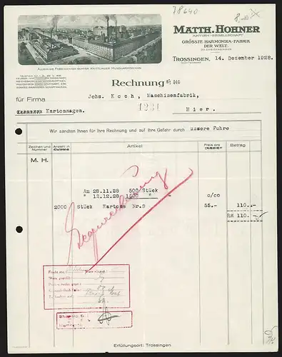 Rechnung Trossingen 1928, Matth. Hohner AG, Harmonika-Fabrik, Ansicht des Fabrikgeländes aus der Vogelschau