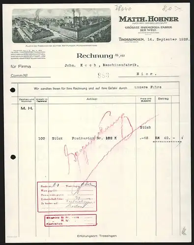 Rechnung Trossingen 1928, Matth. Hohner AG, Harmonika-Fabrik, Ansicht des Fabrikgeländes