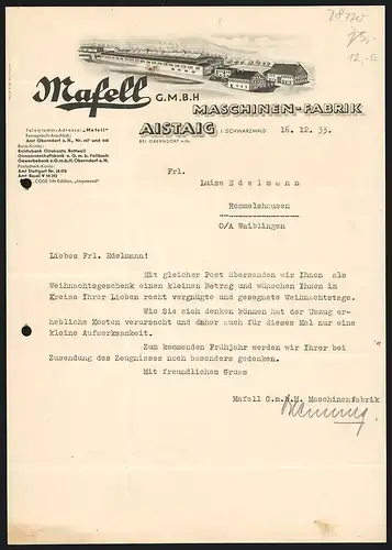 Rechnung Aistaig i. Schwarzwald 1933, Mafell GmbH, Maschinen-Fabrik, Ansicht der Fabrikanlage