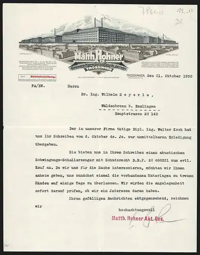 Rechnung Trossingen 1930, Matth. Hohner AG, Harmonikafabrik, Hauptwerk Trossingen, Zweigstellen Weiss und Koch