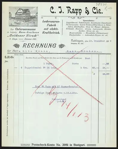 Rechnung Tuttlingen 1912, C. J. Rapp & Cie., Lederwaren-Fabrik, Strassenszene am Geschäftsgebäude