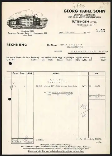 Rechnung Tuttlingen /Wttbg. 1940, Georg Teufel Sohn, Schweisslederfabrik, Hut- & Mützenzutaten, Das Geschäftsgebäude