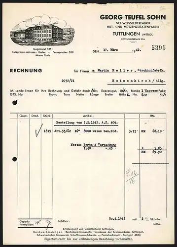 Rechnung Tuttlingen /Wttbg. 1942, Georg Teufel Sohn, Schweisslederfabrik, Hut- & Mützenzutaten, Das Geschäftsgebäude