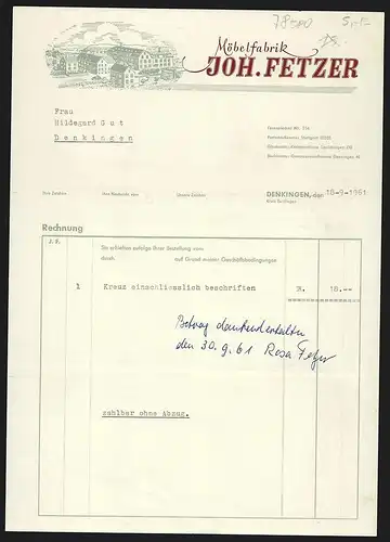 Rechnung Denkingen 1961, Joh. Fetzer, Möbelfabrik, PKW und LKW am Betriebsgelände