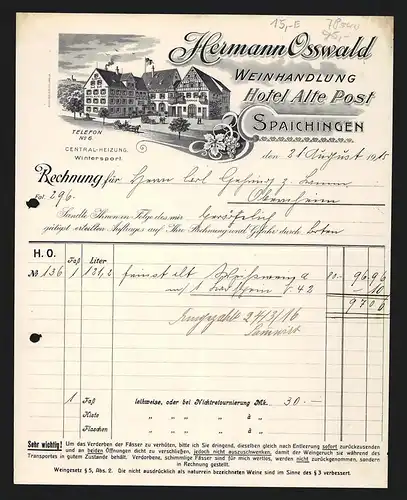 Rechnung Spaichingen 1915, Hermann Osswald, Weinhandlung & Hotel Alte Post, Hotelgebäude mit Garage