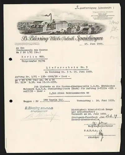 Rechnung Spaichingen 1939, B. Blessing, Möbelfabrik, Fabrikgelände mit Zufahrtsstrasse