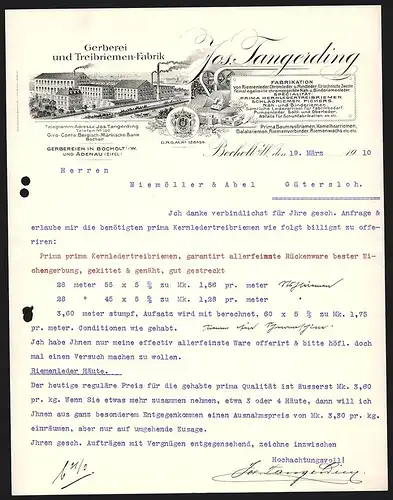 Rechnung Bocholt i. W. 1910, Jos. Tangerding, Gerberei und Treibriemen-Fabrik, Produkt- und Werkansichten, Wappen
