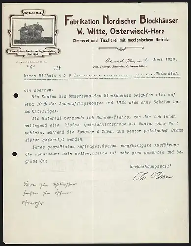 Rechnung Osterwieck-Harz 1909, W. Witte, Fabrikation Nordischer Blockhäuser, Bild eines alten Blockhauses
