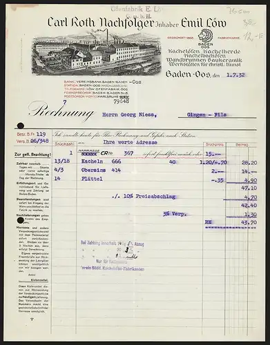 Rechnung Baden-Oos 1932, Carl Roth Nachfolger, Kachelöfen und -herde, Baukeramik, Ansicht des Fabrikgeländes