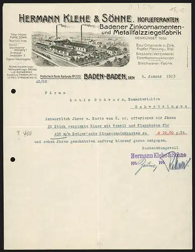 Rechnung Baden-Baden 1913, Hermann Klehe & Söhne, Badener Zinkornamenten- und Metallfalzziegelfabrik, Werkansicht