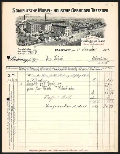 Rechnung Rastatt 1911, Gebrüder Trefzger, Süddeutsche Möbel-Industrie, Zufahrtsstrasse am Betriebsgelände