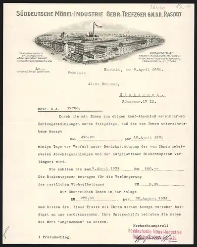 Rechnung Rastatt 1931, Gebr. Trefzger GmbH, Süddeutsche Möbel Industrie, Gesamtansicht des Fabrikgeländes