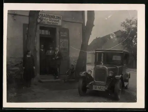 Fotografie Auto Opel 4 /16 (1926 /27), Kfz-Kennzeichen Provinz Sachsen, Fahrradhandlung & Werkstatt Emil Oberländer