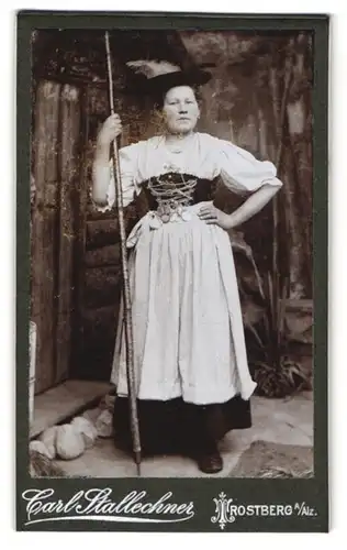 Fotografie Carl Stallechner, Trostberg / Alz, Dame im Trachtenkleid mit Wanderstock vor einer Holzhütte