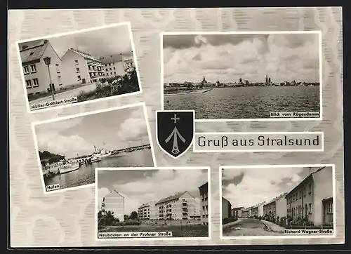 AK Stralsund, Müller-Grählert-Strasse, Hafen mit Dampfer, Neubauten an der Prohner Strasse