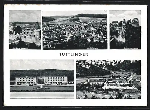 AK Tuttlingen, Blick über den Ort, Honburg, Schloss Brönnen und Beuron