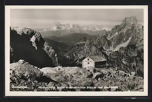 AK Adameck-Hütte, Berghütte gegen Bischofsmütze und Hochkönig