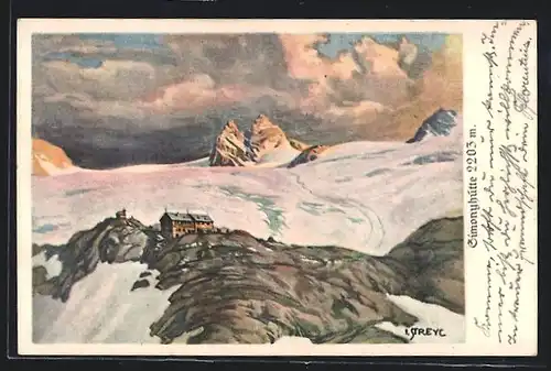 Künstler-AK Simonyhütte, Berghütte mit Umgebung