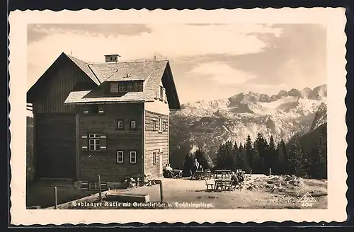 AK Gablonzer Hütte, Berghütte mit Gosaugletscher und Dachsteingebirge