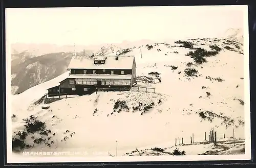 AK Kranabethsattelhaus, Berghütte im Winter aus der Vogelschau