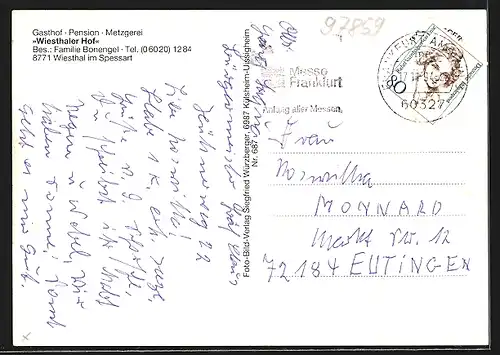 AK Wiesthal im Spessart, Gasthof Wiesthaler Hof, Frontansicht, geschmückter Speisesaal, Frau mit Instrument