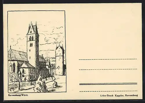 Künstler-AK Ravensburg /Württ, Darstellung der Kirche