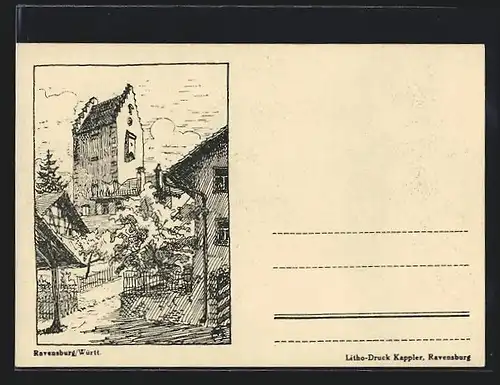 Künstler-AK Ravensburg /Württ, Ortspartie mit Turm