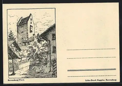 Künstler-AK Ravensburg /Württ, Orts-Idyll mit Turm