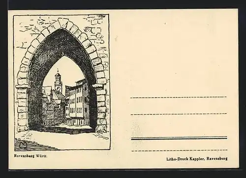 Künstler-AK Ravensburg /Württ, Blick durch ein Tor