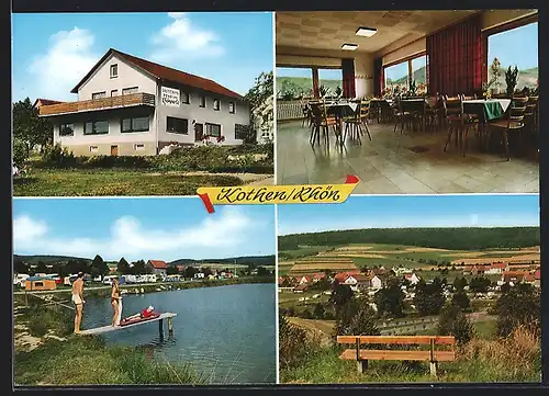 AK Kothen /Rhön, Gasthaus-Pension Rhönperle, Innenansicht, Badesee mit Besuchern