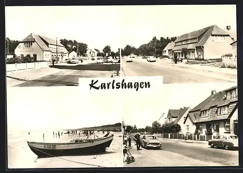 AK Karlshagen a. Usedom, Strassenpartie, Boot am Strand