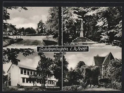 AK Schöppingen i. Westf., Brictius-Schule, Strassenpartie an der Verkehrsinsel