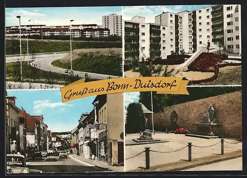 AK Bonn-Duisdorf, Strassenpartie mit Geschäften, Denkmal, Spielplatz