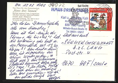 AK Bad Füssing, Haus drei Tannen, Inh. Johanna u. Karl Kaller, Wilhelm-Busch-Strasse 10