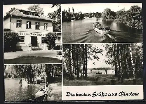 AK Bindow /Kr. Königs Wusterhausen, Gasthaus Tante-Anna, Dampfer in Fahrt, Uferpartie mit Booten